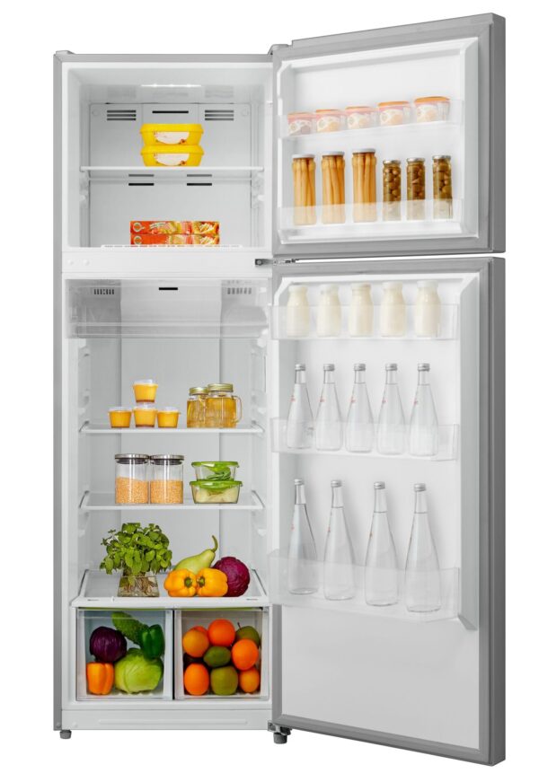 Mika Refrigerator,  339 Ltr,  No Frost,  Double Door Top Mount,  Stainless Steel