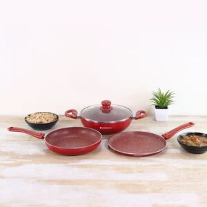 Wonderchef - Ruby Plus Cookware Set, 4pc (Dosa Tawa, Fry Pan, Kadhai With Lid)-Dark Red