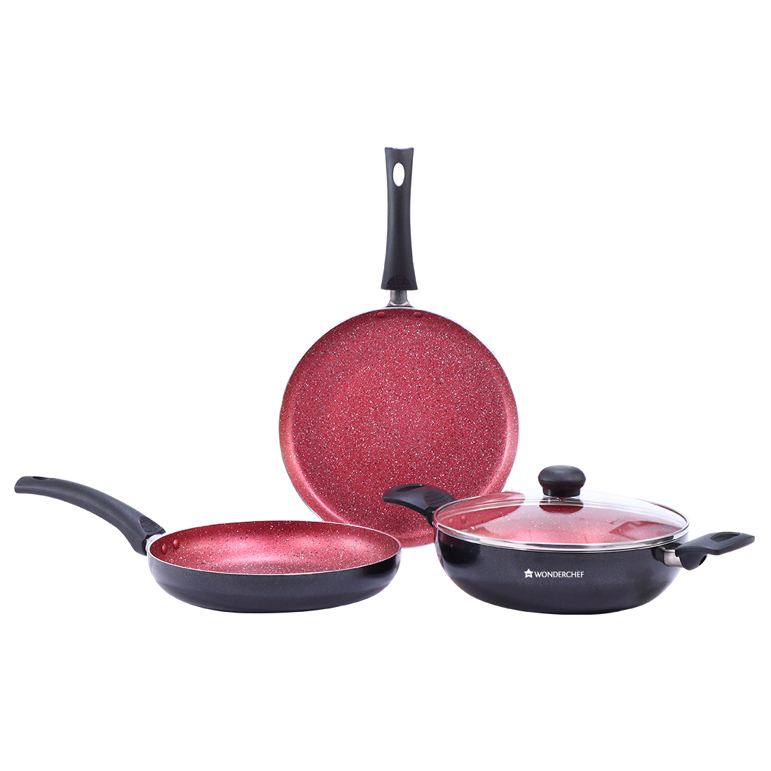 Wonderchef - Sigma Non-Stick Cookware Set, 4Pc(Kadhai With Lid, Dosa Tawa, Fry Pan)-Red&Black