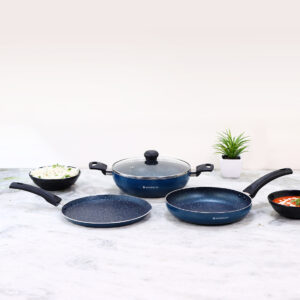 Wonderchef - Sigma Non-Stick Cookware Set, 4Pc (Kadhai With Lid, Dosa Tawa, Fry Pan)-Midnight Blue