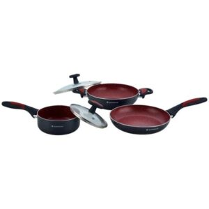 Wonderchef - Burlington Aluminium Nonstick Cookware Set, 5Pc (Wok With Lid - Red&Black