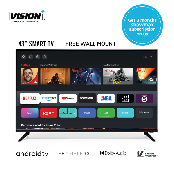Vision Plus VP8843SF 43″ FHD Frameless Android Smart TV + 3 Months Showmax Subscription